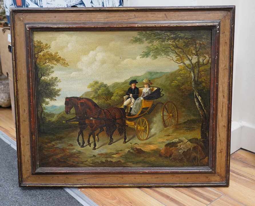 19th century, oil on canvas, Horse drawn carriage, unsigned, 39 x 49cm. Condition - poor